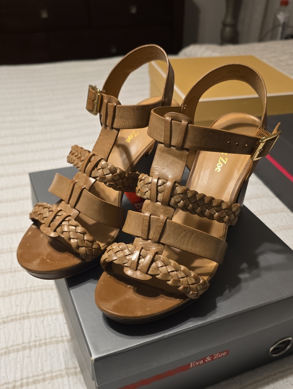 Eva & Zoe Tan Braided Leather Block Heel Sandals